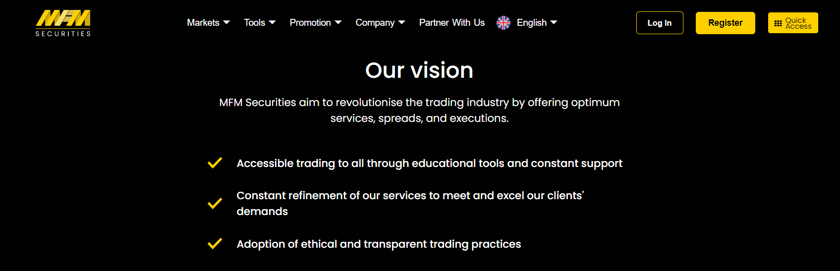 Conditions de trading MFM Securities 